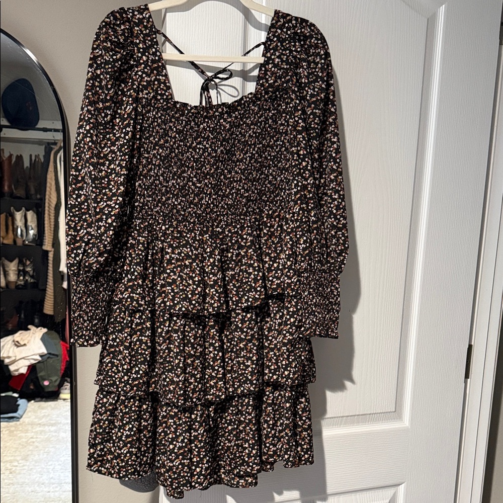Black Floral Tiered Long-Sleeve Mini Dress
